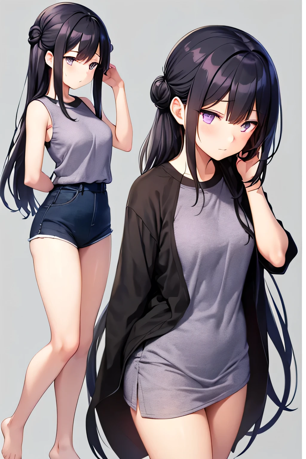 A girl with long black hair tied in two buns, purple eyes, wearing casual clothes, with a shy expression then looked away carelessly while holding her hair.
