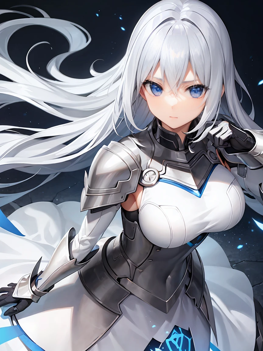 White-haired loli Height about 110 cm Flat chest Cute young girl Black pupils White metal style dress Exoskeleton armor-like clothes Short hair With black hairpins Each hand holds a rectangular white metal shield The shield is about the size of one person Hands are covered by shields Floating in blue space Masterpiece,best qualtiy,cinematic Film still from,1girl,Cloud Girl,Floating in the sky,closeup cleavage,brightly,cheerfulness,Warm and soft lighting,the sunset,(spark of light:0.7)
