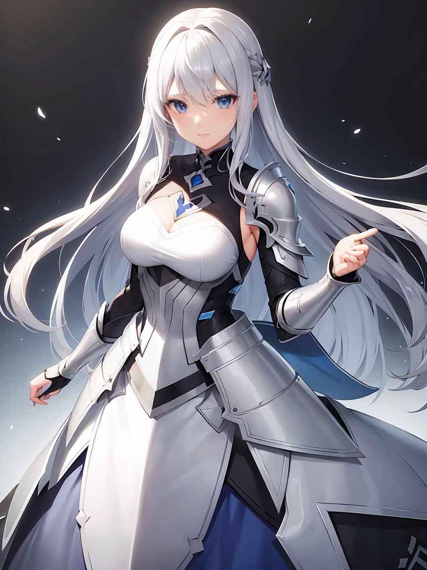 Gray hair straight long、Blue Eyes、One Woman、solo、White Knight、Silver Armor、、Rin々Shii、Focus on the Opponent