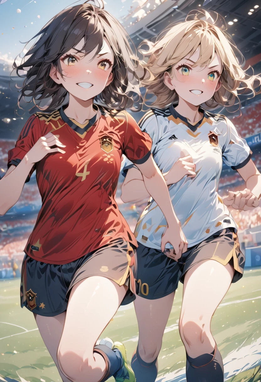 (award winning, 8k, super detailed, high resolution, best quality) , illustration about football, (two girls), girl on the left with blonde hair in ((spain soccer uniform)) and smirk expression, girl on the right with black hair in ((germany soccer uniform)) and (timid expression), (running side by side), ((beautiful girls)), football stadium, fighting spirit.