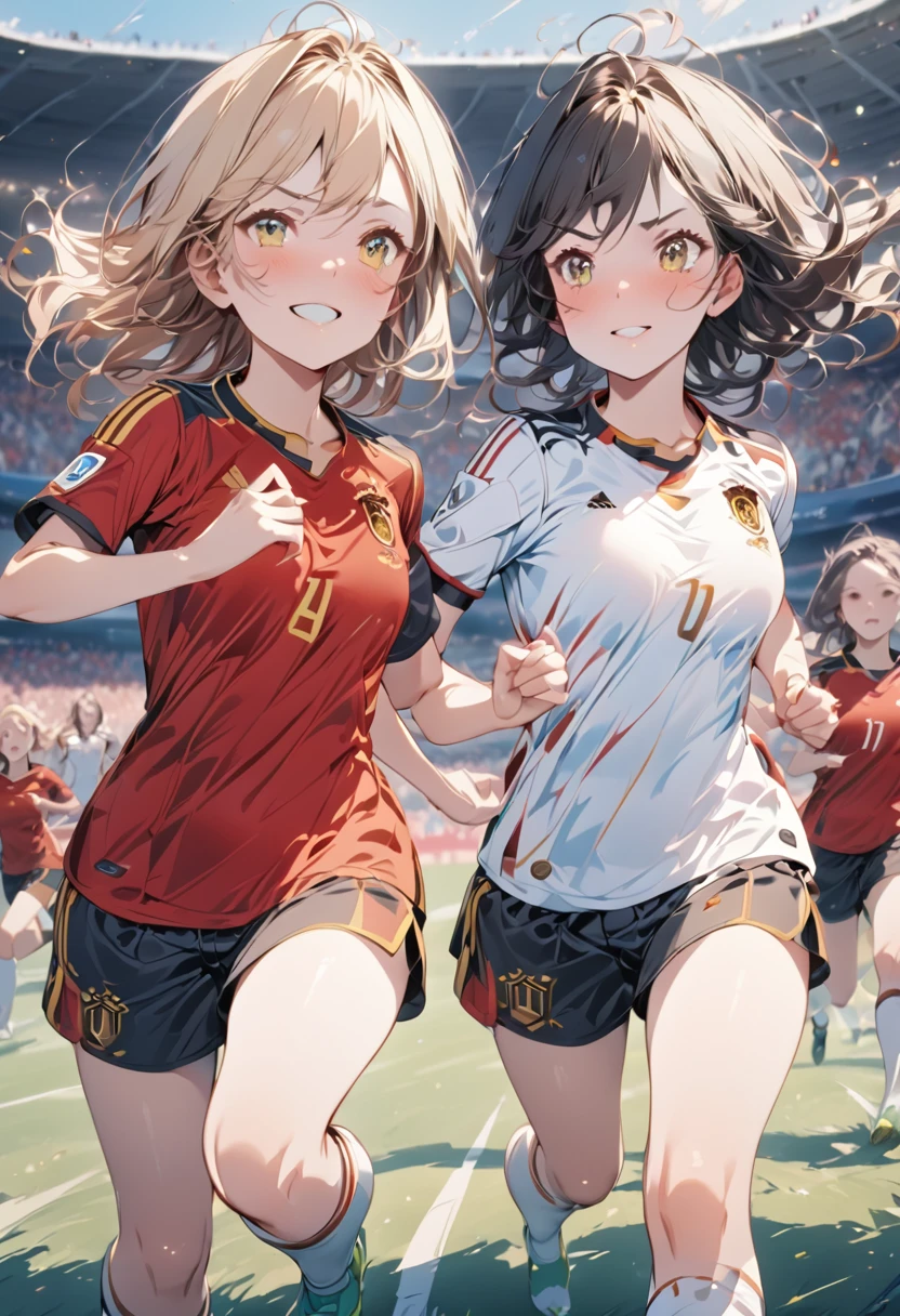 (award winning, 8k, super detailed, high resolution, best quality) , illustration about football, (two girls), girl on the left with blonde hair in ((spain soccer uniform)) and smirk expression, girl on the right with black hair in ((germany soccer uniform)) and (timid expression), (running side by side), ((beautiful girls)), football stadium, fighting spirit.