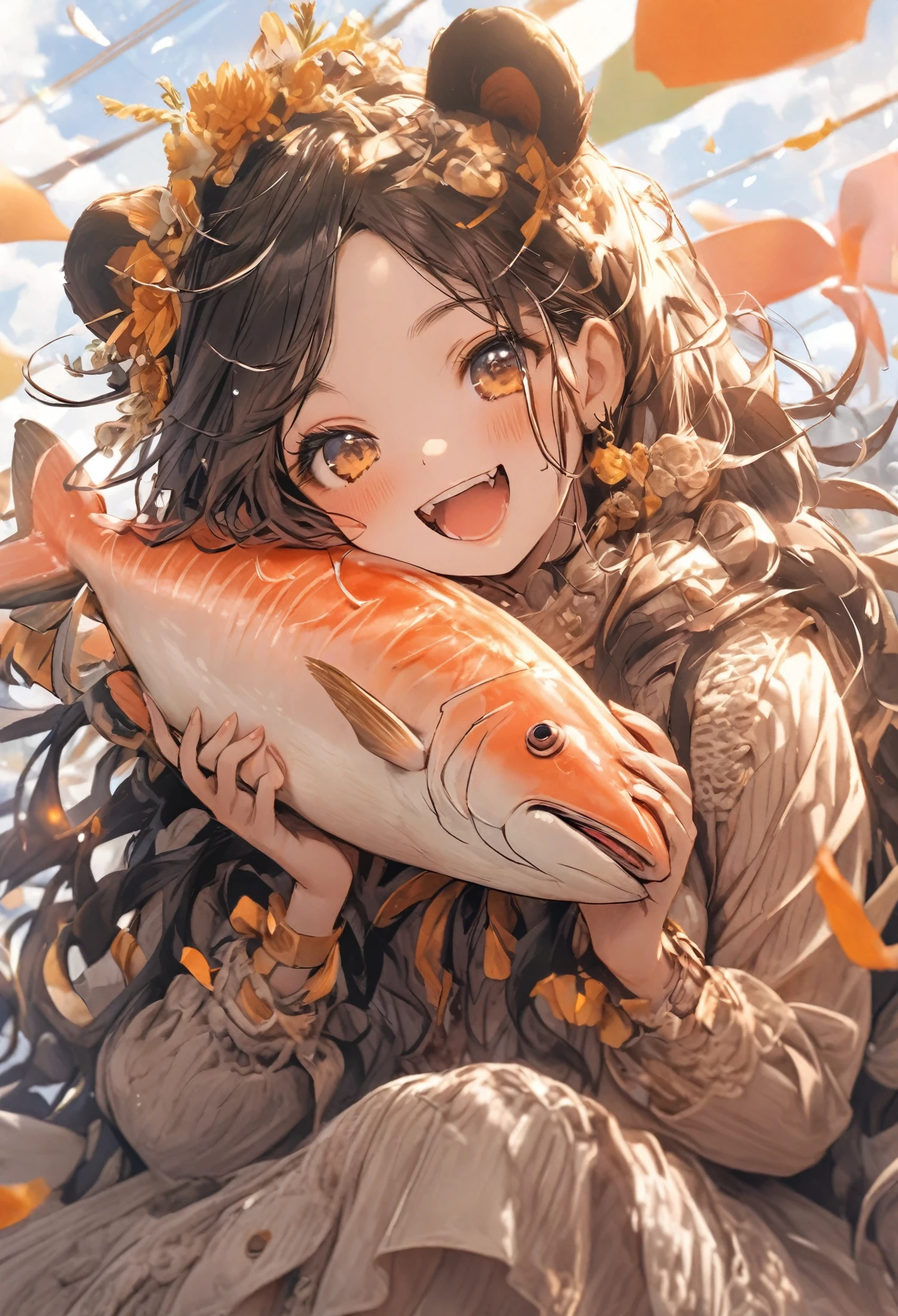 celebration, Give the stuffed salmon, A big smile, Background yellow