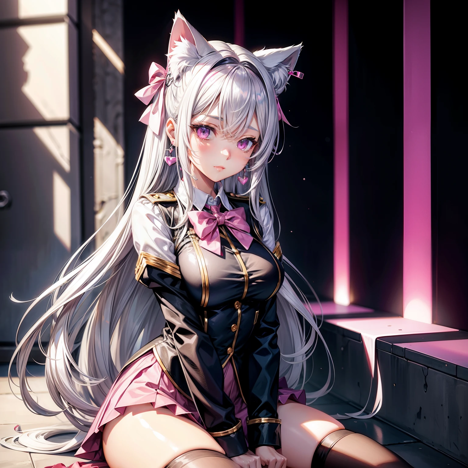 Silver hair, pink eyes, body, cat ears, sexy girl, earrings, light heart fantasy background, uniform, hair bows, sit down