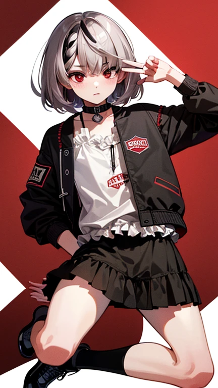 masterpiece, Facial details, Very detailed, 8K, Modern Style, ((One young man)), woman, short gray hair, Red Eyes, black letterman jacket,Long skirt, shoes visible, White Background, joy, whole body,