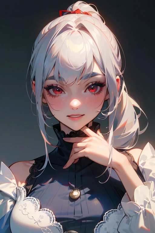 (Highest quality, masterpiece:1.2), (High resolution, 最高masterpiece).(difficult).Very detailed, Realistic:1.37, Fantasy, An illustration,Gray Hair、 Red eyes、Queen, Navy and blue dress、beautifully、Eyeshadow Red、Thick eyebrows、Long eyelashes、pupils are black、shiny on the lips、Top Sites、Queen、Princess、A kind smile、Show your teeth a little and smile、Soft impression、people々Loved by、Slimming the face、Shoulder Bare、ponytail、Kissing Face、Long white hair、Shaggy Bangs、Save face image、Lace Underwear、、