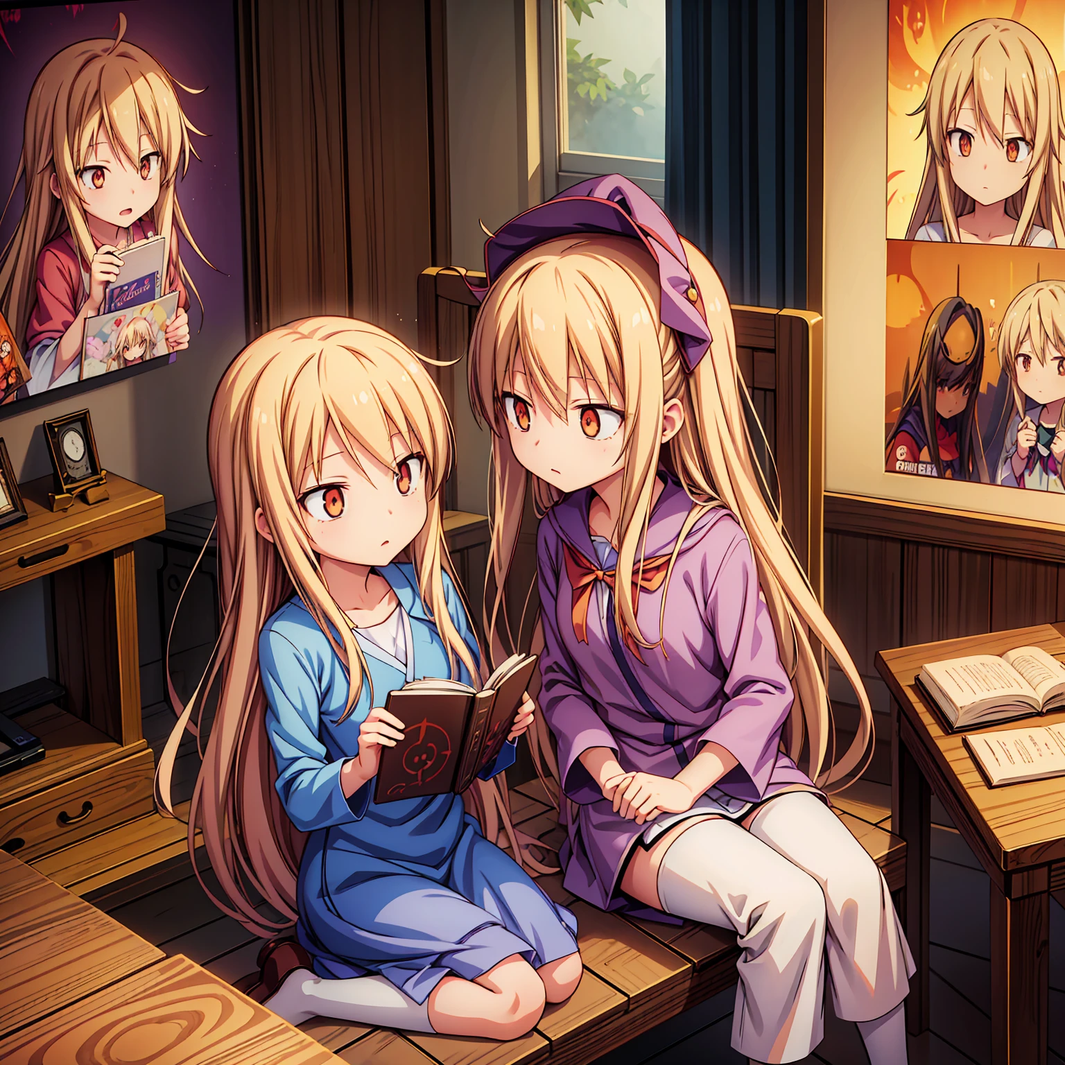 Anime girl, Shiina Mashiro, Mashiro, Anime Sakurasou, long blonde hair, orange eyes, unimpressive, , witch outfit, magic book, Wooden room, Pictures, posters