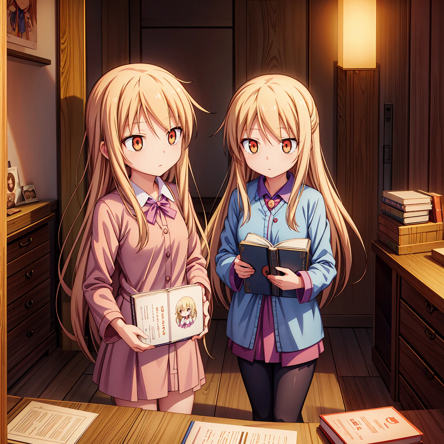 Anime girl, Shiina Mashiro, Mashiro, Anime Sakurasou, long blonde hair, orange eyes, unimpressive, , witch outfit, magic book, Wooden room, Pictures, posters