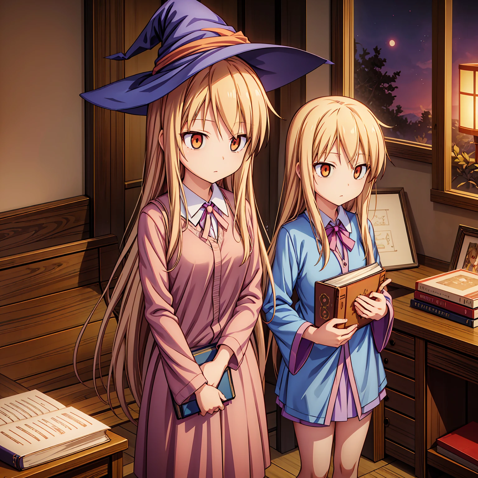 Anime girl, Shiina Mashiro, Mashiro, Anime Sakurasou, long blonde hair, orange eyes, unimpressive, , witch outfit, magic book, Wooden room, Pictures, posters