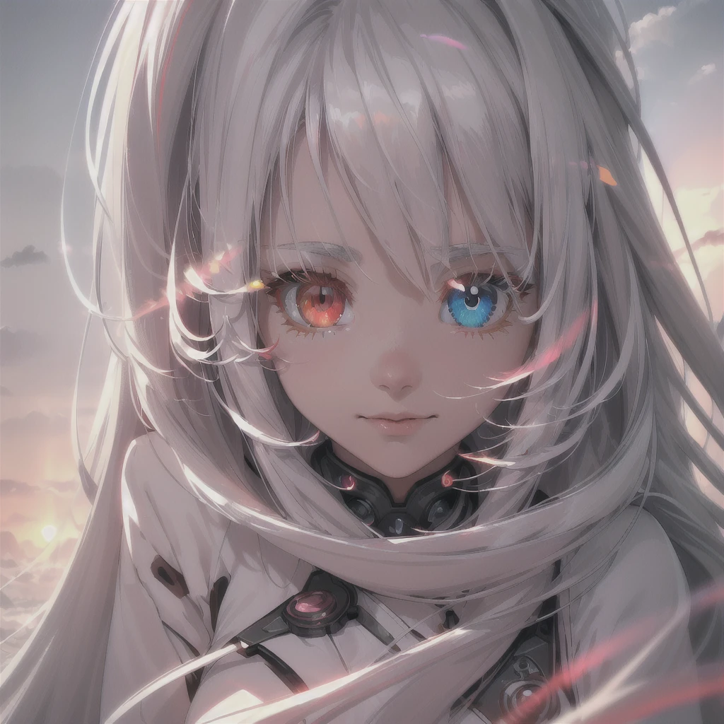 masterpiece, best quality, movie still, 1girl, cloud girl, floating in the sky, close-up, bright, happy, warm soft lighting, sunset, (sparks:0.7) 
Silver long straight hair, hair strictly cutted, hair strictly straight, bangs strictly straight
(((Heterochromia eyes)))
(((Red light rose right eye)))
(((Silver left eye)))
(((High detailed eyes, high detailed face, high detailed hair)))