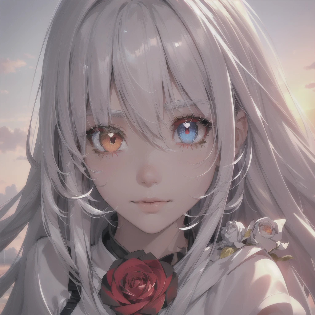 masterpiece, best quality, movie still, 1girl, cloud girl, floating in the sky, close-up, bright, happy, warm soft lighting, sunset, (sparks:0.7)
Silver long straight hair, hair strictly cutted, hair strictly straight, bangs strictly straight
(((Heterochromia eyes)))
(((Red light rose right eye)))
(((Silver left eye)))
(((High detailed eyes, high detailed face, high detailed hair)))