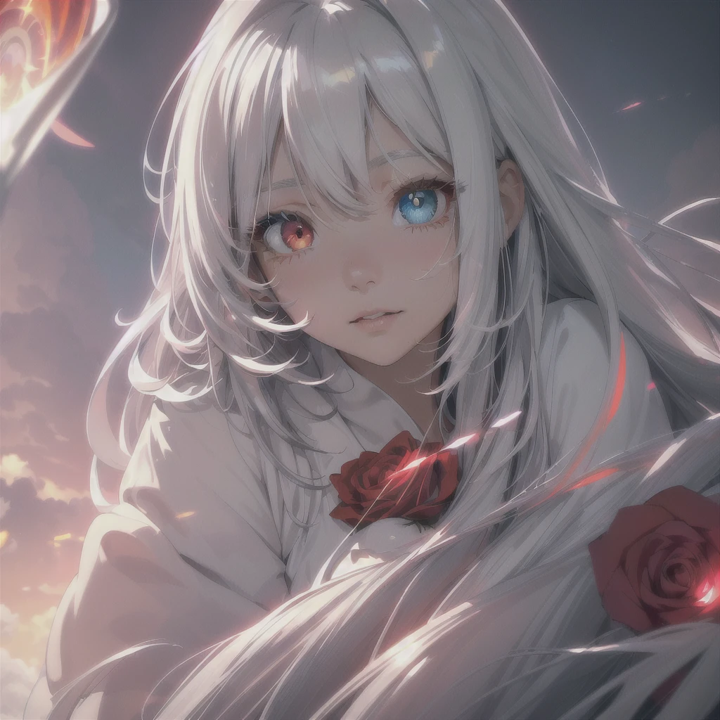 masterpiece, best quality, movie still, 1girl, cloud girl, floating in the sky, close-up, bright, happy, warm soft lighting, sunset, (sparks:0.7)
Silver long straight hair, hair strictly cutted, hair strictly straight, bangs strictly straight
(((Heterochromia eyes)))
(((Red light rose right eye)))
(((Silver left eye)))
(((High detailed eyes, high detailed face, high detailed hair)))