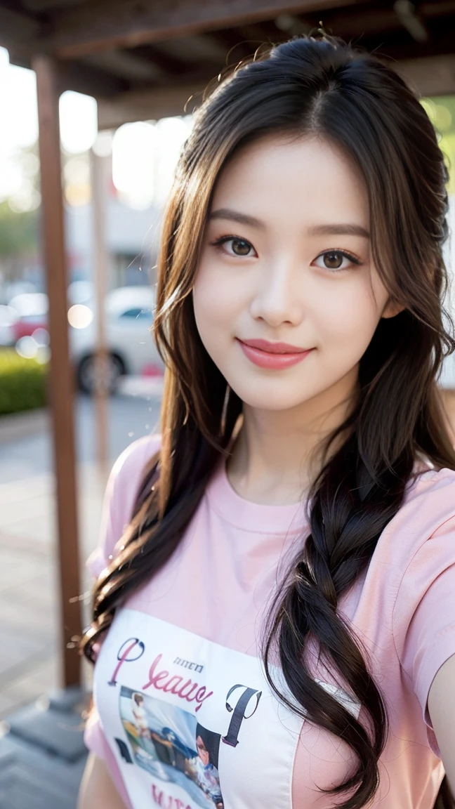 ((Realistic lighting, best quality, 8k, masterpiece: 1.3)), sharp focus: 1.2, 1 girl, beauty with perfect body: 1.4, slender abs: 1.1, ((layered hairstyle)), (pink T-shirt: 1.4), (outdoor: 1.1), ultra-fine face, fine eyes, double eyelids, smile, looking at the camera, selfie,