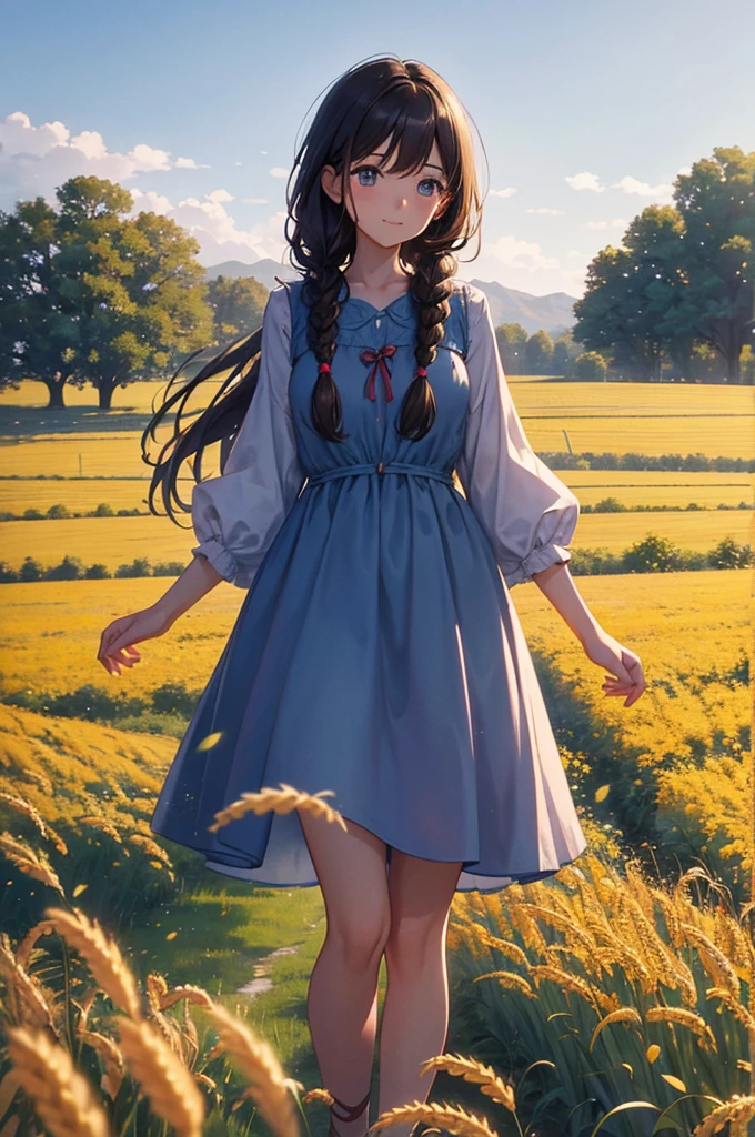 One girl, 20-year-old, Tall and attractive, Wearing a cute country dress, Braided hair, Standing on a rural farm. She's gentle, A kind smile and expressive eyes. A charming barn can be seen in the background., Golden wheat fields and clear blue skies. The composition should be bathed in warm golden hour light., The soft depth of field and soft bokeh accentuate the idyllic tranquility.. Capture images that look like they were shot on vintage 35mm film for added impact, movie,