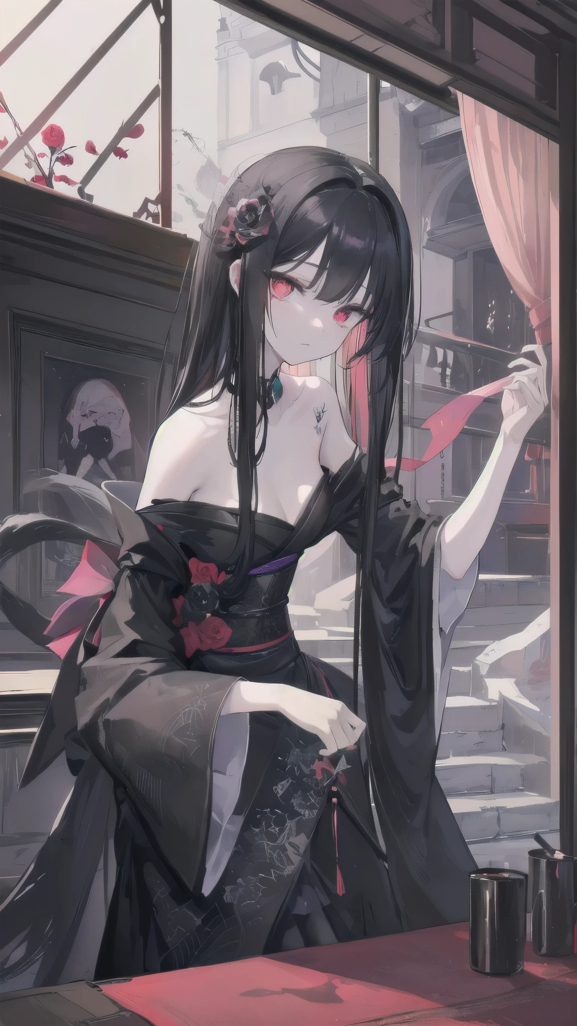 (((Tip top quality, alta resolucion extremeña))), 1woman, serene, seated, (long black hair, shoulders length), ((pale complexion)), ((dark red eyes; shadowy red eyes: 0.5)), ((feline eyes)), ((graceful%, defined facial features)), ((analyzing station or table + protective black cat, dark), close shot), 30 degrees left turn, dimly lit room, crossing arms over table, delicate tattoos of shadow designs, self-possessed expression, ((gently quivering rose or orchid female creature beside her)), conservatively dressed in long, futuristic silk kimono with black silk Obi securing it, Ф Full focus, mysterious aura, mesh screen distortion effect, aged 28, detailed painful memories etched into her features, emotions locked away, her mere presence detectable as silencing idol, ((themed Indoor, multiple floor, lots of curved surfaces and tons of sharp angles))