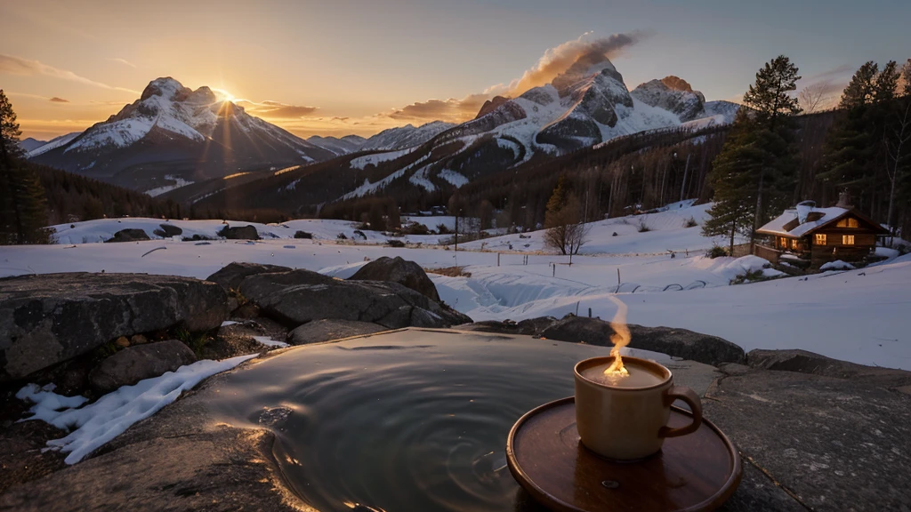 A stunning sunrise at a mountain cabin with a cup of coffee. The warm hues of the sun kiss the sky, painting it in shades of orange, pink, and gold as the light spills over the surrounding peaks. The image, most likely a photograph, captures the tranquility and beauty of the moment perfectly. The cozy cabin exudes a welcoming glow, with wisps of smoke rising from its chimney adding a touch of charm. This high-quality image transports viewers to a serene and peaceful getaway in nature, where every detail is bathed in the soft, ethereal light of dawn.