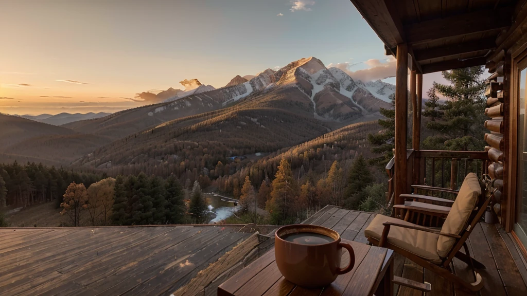 A stunning sunrise at a mountain cabin with a cup of coffee. The warm hues of the sun kiss the sky, painting it in shades of orange, pink, and gold as the light spills over the surrounding peaks. The image, most likely a photograph, captures the tranquility and beauty of the moment perfectly. The cozy cabin exudes a welcoming glow, with wisps of smoke rising from its chimney adding a touch of charm. This high-quality image transports viewers to a serene and peaceful getaway in nature, where every detail is bathed in the soft, ethereal light of dawn.