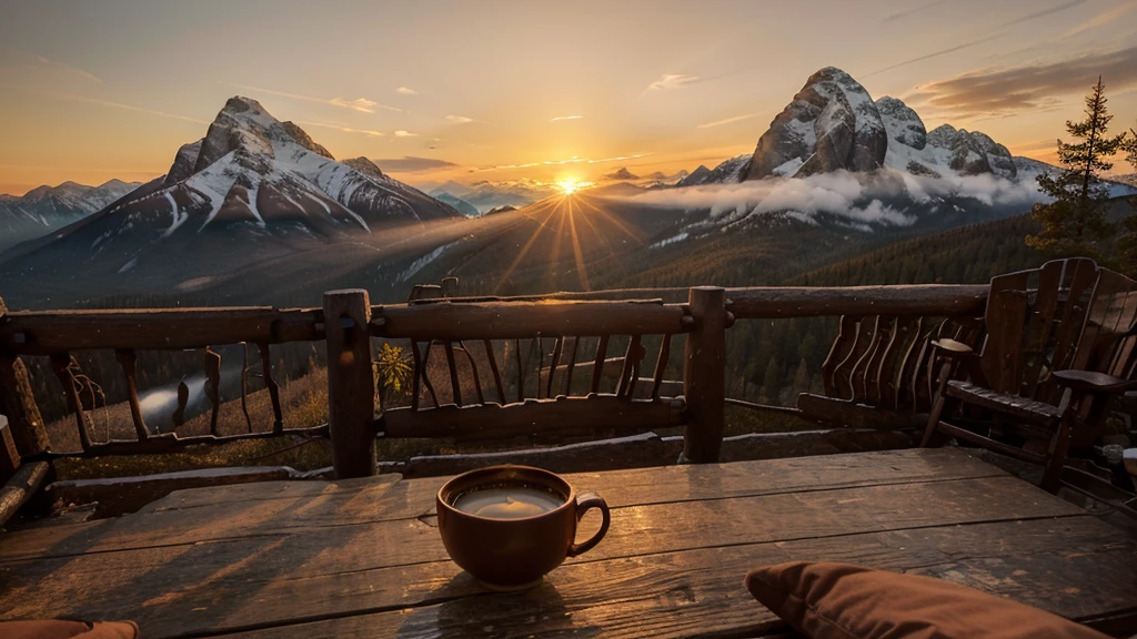 A stunning sunrise at a mountain cabin with a cup of coffee. The warm hues of the sun kiss the sky, painting it in shades of orange, pink, and gold as the light spills over the surrounding peaks. The image, most likely a photograph, captures the tranquility and beauty of the moment perfectly. The cozy cabin exudes a welcoming glow, with wisps of smoke rising from its chimney adding a touch of charm. This high-quality image transports viewers to a serene and peaceful getaway in nature, where every detail is bathed in the soft, ethereal light of dawn.