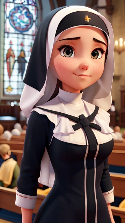 Nun Girl, Perfect face, perfect body, body shot: 1.3, Ultra details on beautiful face, Hair to the wind, ultra details, 8k, closeup on her big round breasts, background inside a church