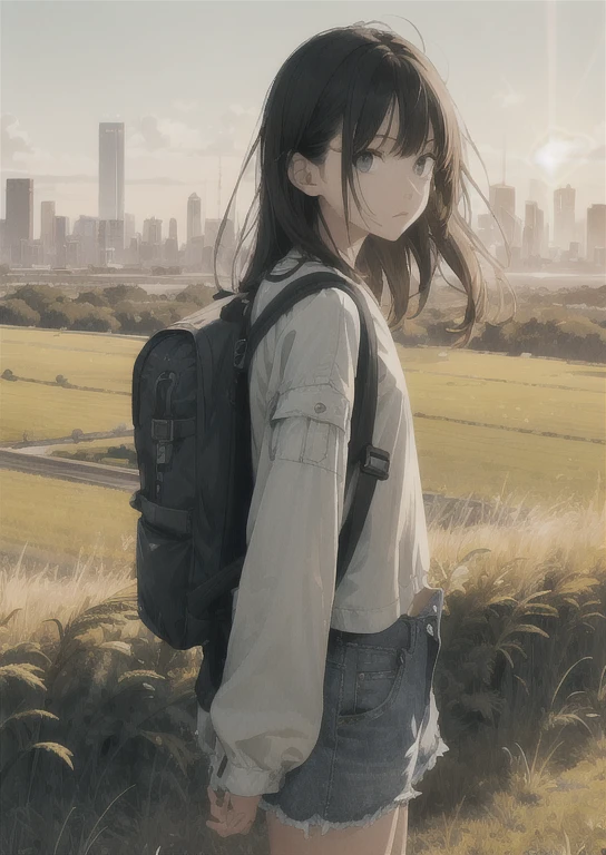 Vast sky, Beautiful skyline, Large grasslands, Extremely tense and dramatic scenes, Mobile visuals, high hanging Polaris, Colorful natural glare. A long-sleeved top and denim shorts、Girl with a backpack