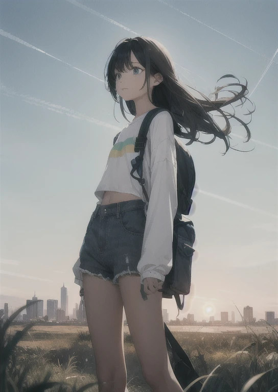 Vast sky, Beautiful skyline, Large grasslands, Extremely tense and dramatic scenes, Mobile visuals, high hanging Polaris, Colorful natural glare. A long-sleeved top and denim shorts、Girl with a backpack
