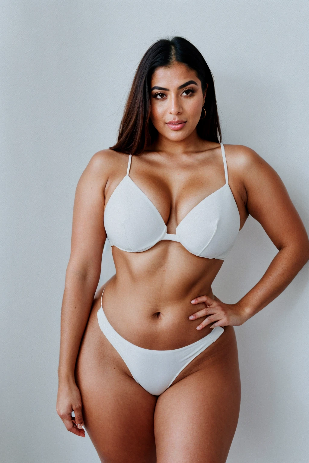 RAW photo,candid photograph, full body,photo of a beautiful,influencer,30yo Arab woman, detailed skin, naked, looking at viewer, thick body structure,white background,no background, candid pose,blue light, film grain, kodak color, instagram LUT