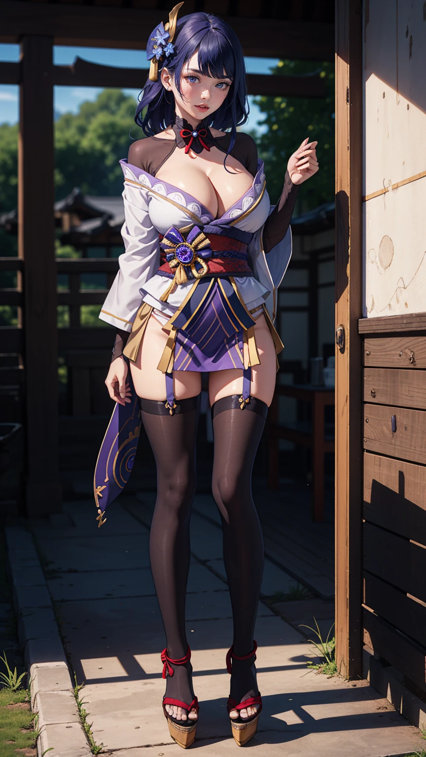 Masterpiece, ultra detail, high quality, 8k cg, huge breasts, raidenshogundef, blush, bright eyes, standing, slim body, narrow waist, (full body:1.5), (Indigo Pantyhose).