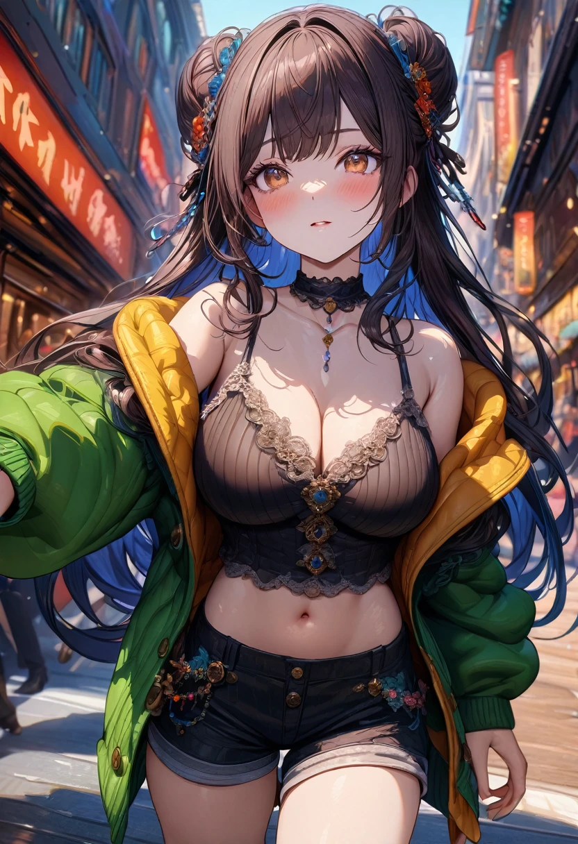 ((masterpiece:0), best quality, very aesthetic, newest, absurdres, detailed, high quality)
BREAK
highest quality, top quality, details, highres, ultra fine painting, digital art, official art, cinematic, 4k, 8k resolution, 8K CG wallpaper, CG, original artwork, detailed background, colorful background, blue atmosphere, High Dynamic Range, blurry background, blue hour, Starburst effects, crepuscular rays, good ISO, high resolution, wide shot, from far away, RAW photo, POV, sharp focus, light reflection, reflections, intricate details, soft light, particle noise, professional photography, bokeh, depth of field, natural lighting, vibrant colors, looking away, detailed lights and shadows, stylish, ultra-detailed, top rated on Pixiv, trending on Artstation, niji style, modern-days, master crafted, pose
BREAK
solo, close up shot, from above, 1girl, pale skin, correct fingers, detailed hand, (:1.2), big thighs, small torso, short body, flushtered, blush, anxious expression, casual, slim, ((cute, childlike face):1.3), nice , nice body, brown hair, (very long flowing hair), (big 2 buns hairstyle)), long bangs, long hair, middle hair bangs, brown eyes
BREAK
(black string tank top, choker, off shoulder open green hoodie, (tummy skin), open unbuttoned shorts, many colors outfit ornaments)
BREAK
a person walking down a street with a crowd of people, crowded street, crowded streets, in front of a large crowd, giant crowd, girl walking through city, people walking down a street