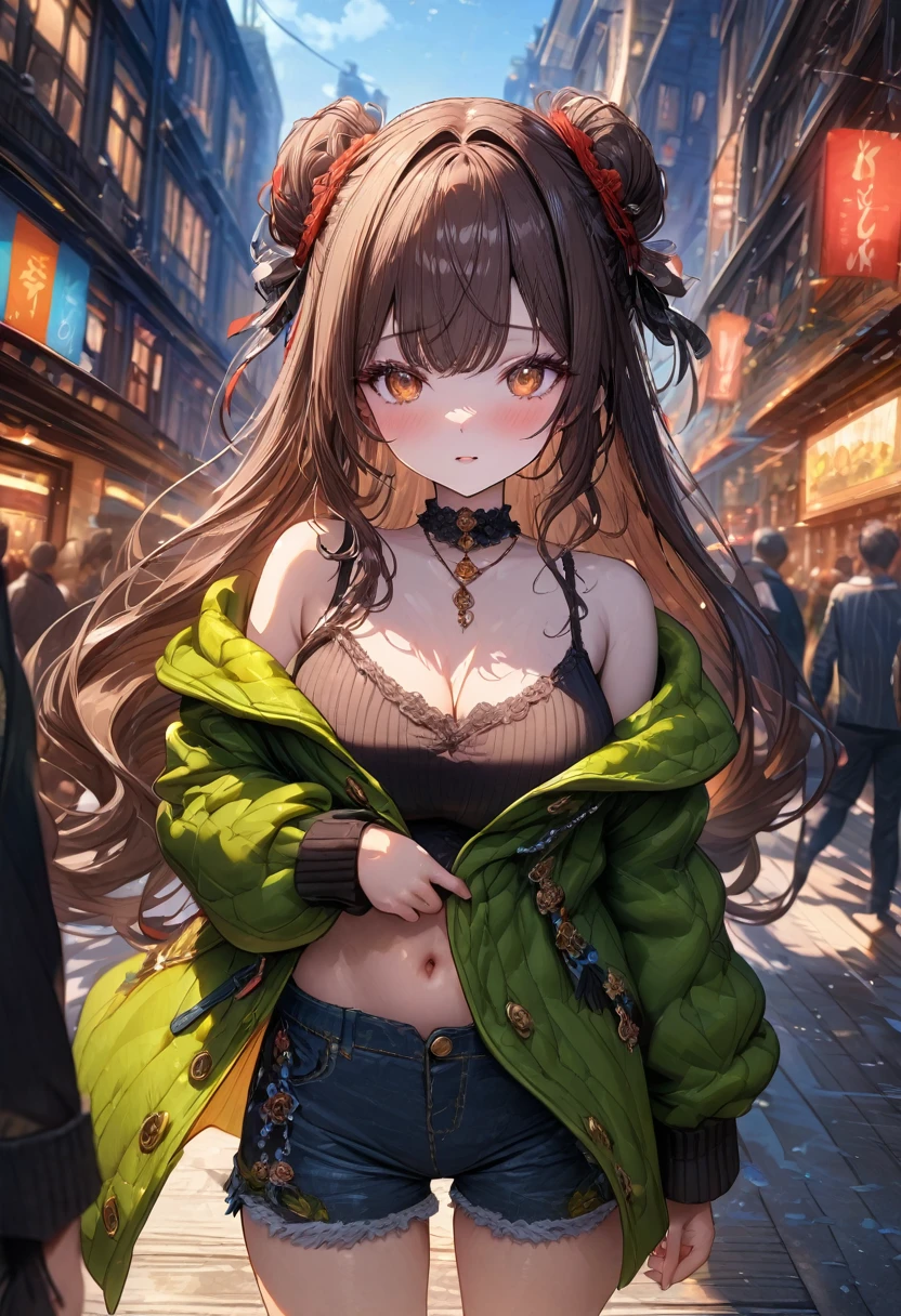((masterpiece:0), best quality, very aesthetic, newest, absurdres, detailed, high quality)
BREAK
highest quality, top quality, details, highres, ultra fine painting, digital art, official art, cinematic, 4k, 8k resolution, 8K CG wallpaper, CG, original artwork, detailed background, colorful background, blue atmosphere, High Dynamic Range, blurry background, blue hour, Starburst effects, crepuscular rays, good ISO, high resolution, wide shot, from far away, RAW photo, POV, sharp focus, light reflection, reflections, intricate details, soft light, particle noise, professional photography, bokeh, depth of field, natural lighting, vibrant colors, looking away, detailed lights and shadows, stylish, ultra-detailed, top rated on Pixiv, trending on Artstation, niji style, modern-days, master crafted, pose
BREAK
solo, close up shot, from above, 1girl, pale skin, correct fingers, detailed hand, (big breasts:1.2), big thighs, small torso, short body, flushtered, blush, anxious expression, casual, slim, ((cute, childlike face):1.3), nice hips, nice body, brown hair, (very long flowing hair), (big 2 buns hairstyle)), long bangs, long hair, middle hair bangs, brown eyes
BREAK
(black string tank top, choker, off shoulder open green hoodie, (tummy skin), open unbuttoned shorts, many colors outfit ornaments)
BREAK
a person walking down a street with a crowd of people, crowded street, crowded streets, in front of a large crowd, giant crowd, girl walking through city, people walking down a street