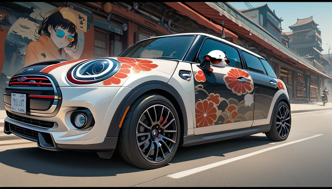 ((8k of extremely detailed CG unit, Masterpiece, high resolution, highest quality, highest quality real texture skin)), (wearing Japanese pattern headphones), ((1 girl)), (((Driving a Mini Cooper))), (((sunglasses))), (Japanese pattern hoodie, Japanese-style shorts), (Black hair, messy hair, beige skin), (surreal, digital painting)