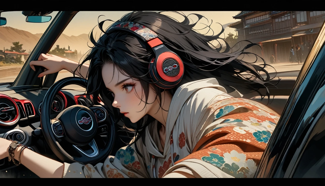 ((8k of extremely detailed CG unit, Masterpiece, high resolution, highest quality, highest quality real texture skin)), (wearing Japanese pattern headphones), ((1 girl)), (((Driving a Mini Cooper))), (((sunglasses))), (Japanese pattern hoodie, Japanese-style shorts), (Black hair, messy hair, beige skin), (surreal, digital painting)