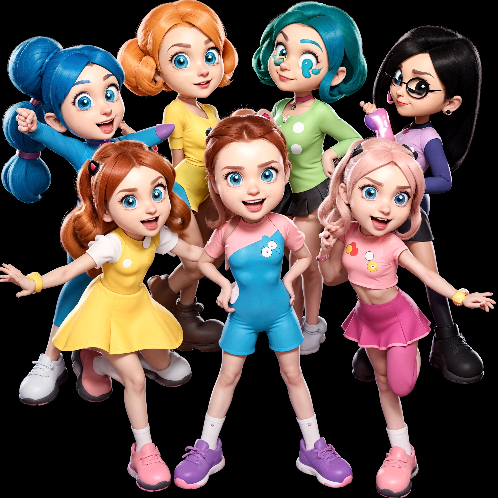 a group of cartoon characters posing together in a circle, promotional art, official art, powerpuff girls style, ashy, official illustration, promotional image, promotional picture, official character art, jojo, wanda, misty, official artwork, ddlc, leaked image, animation character, character posing, promotional render, movie promotional image, promo art, dot pupils, 3d characters