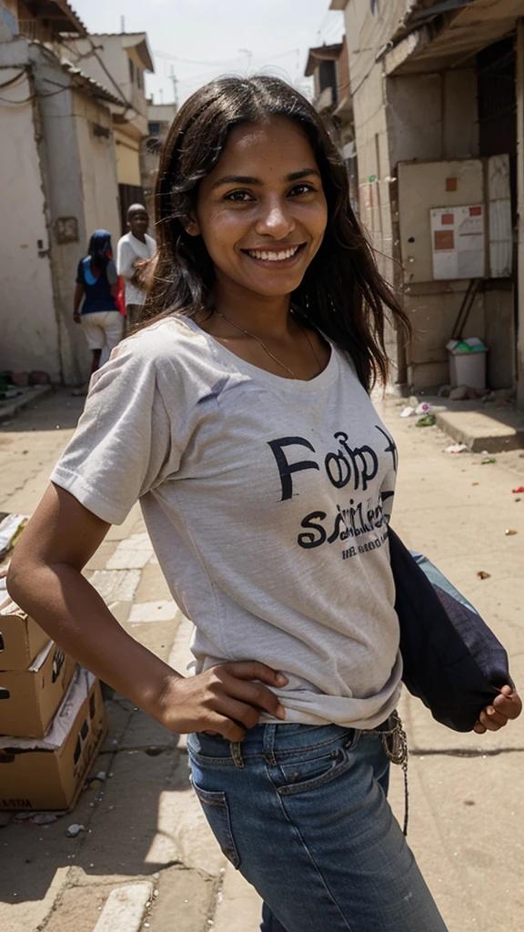 Photo of a social worker providing food aid to poor families in an urban area, with a warm smile and concern radiating from her movements.