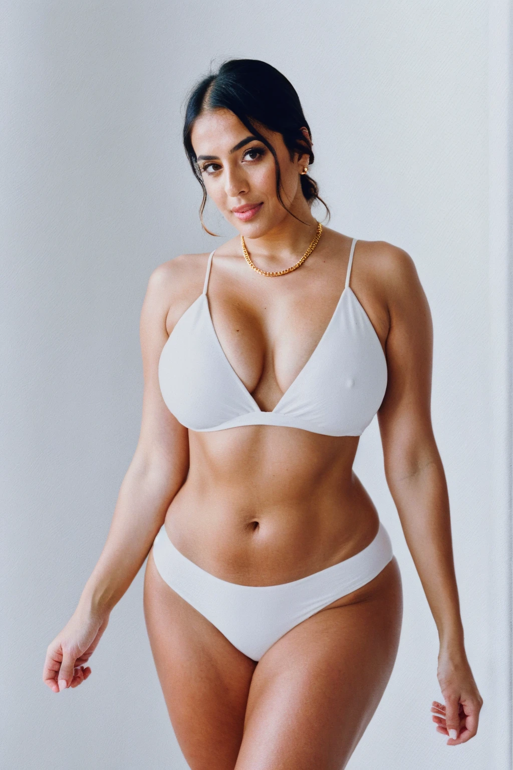 RAW photo,candid photograph, full body,photo of a beautiful,influencer,30yo Arab woman, detailed skin, naked, looking at viewer, thick body structure,white background,no background, candid pose,blue light, film grain, kodak color, instagram LUT