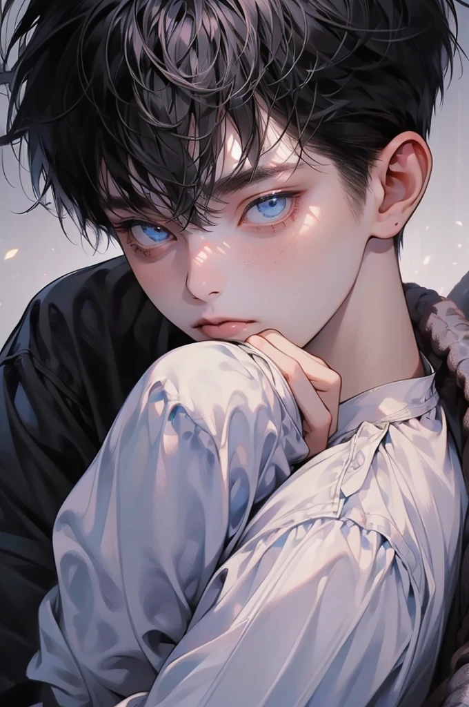 (Masterpiece, Best Quality, High Quality, Highres:1.4), Detailed, Extremely Detailed, Ambient Soft Lighting, 1boy,white shirt, black hair, looking at viewer,
