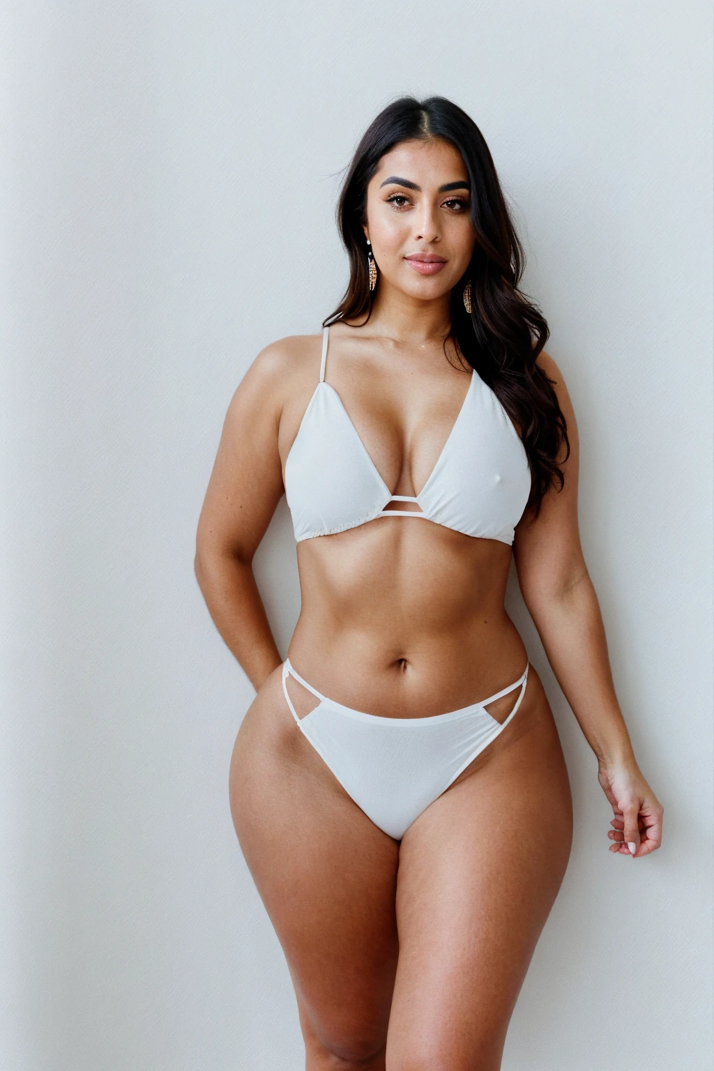 RAW photo,candid photograph, full body,photo of a beautiful,influencer,30yo Arab woman, detailed skin, naked, looking at viewer, thick body structure,white background,no background, candid pose,blue light, film grain, kodak color, instagram LUT