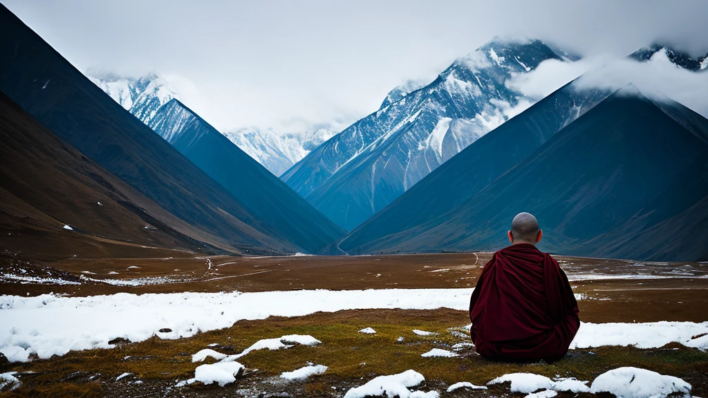 Monk meditating in nature with his back turned. Tibet. nature, snowy. dark.