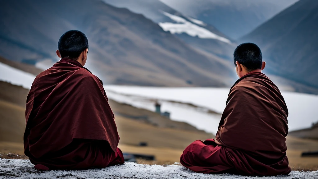 Monk meditating in nature with his back turned. Tibet. nature, snowy. dark.