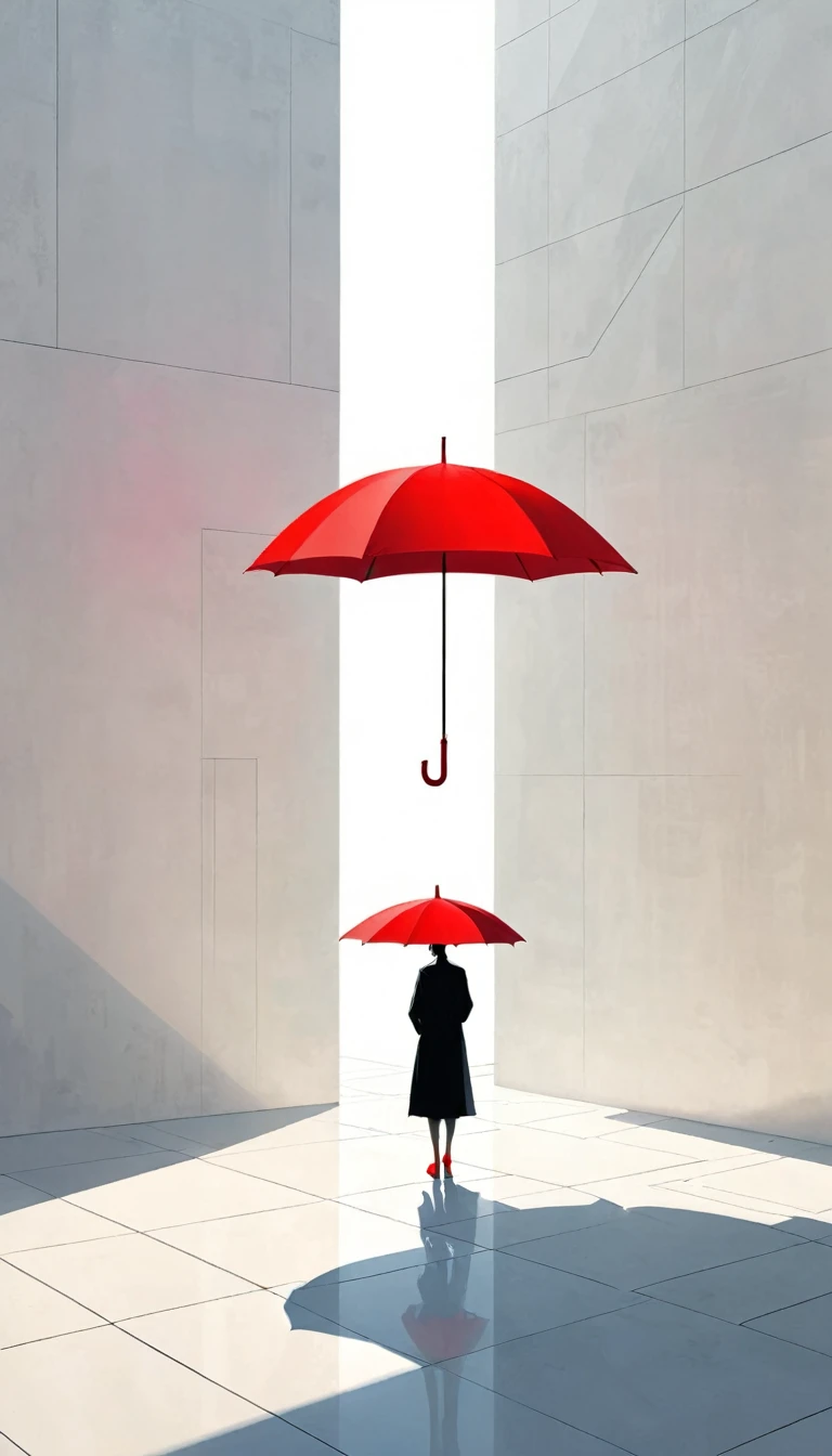 simple，Minimalist illustration，geometry，cube，Light and Shadow，One red umbrella，solitary figure