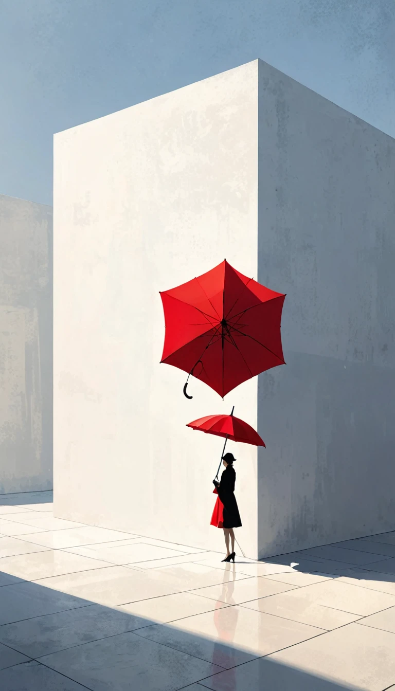 simple,Minimalist illustration,geometry,cube,Light and Shadow,One red umbrella,solitary figure