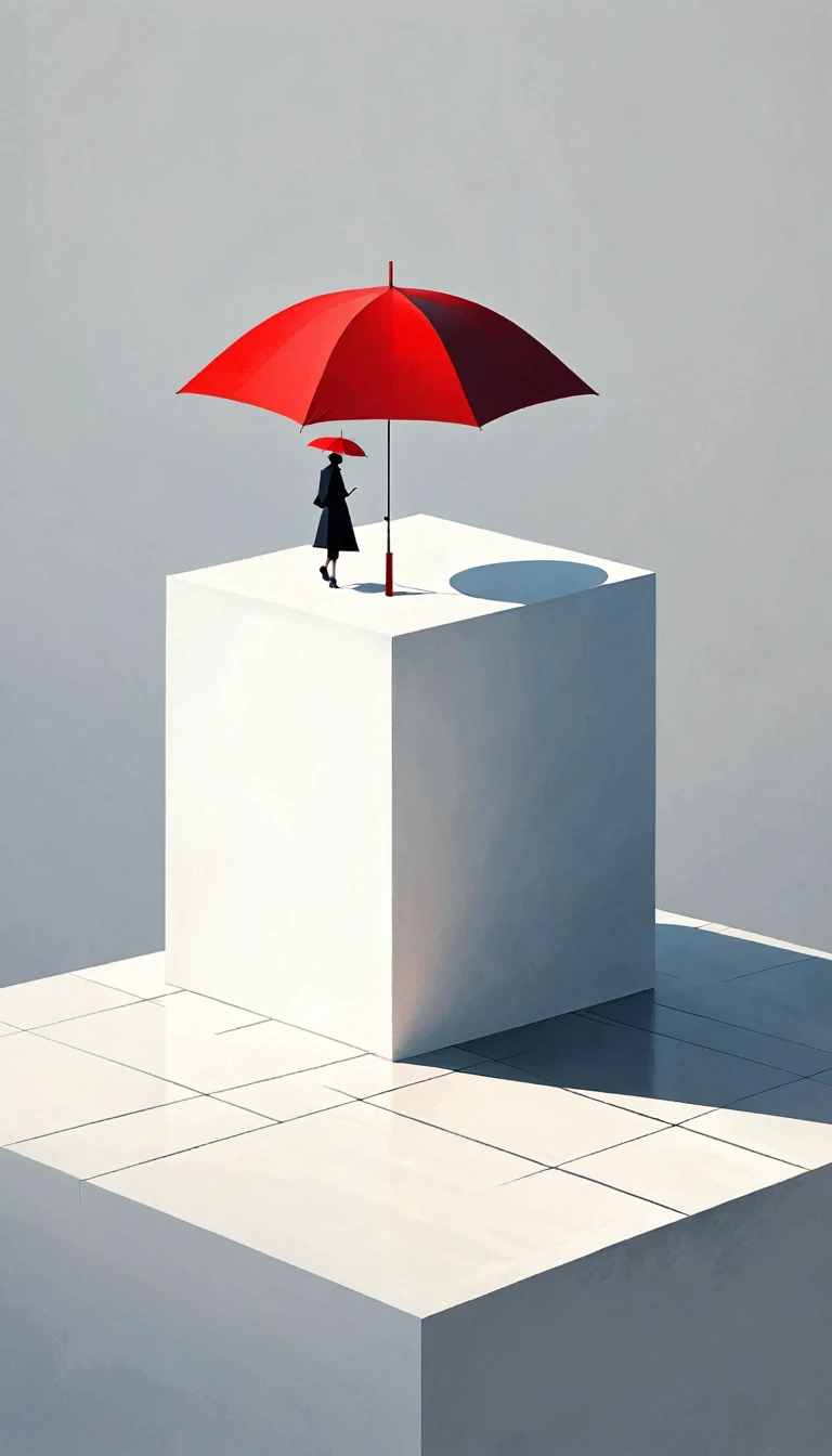 simple,Minimalist illustration,geometry,cube,Light and Shadow,One red umbrella,solitary figure