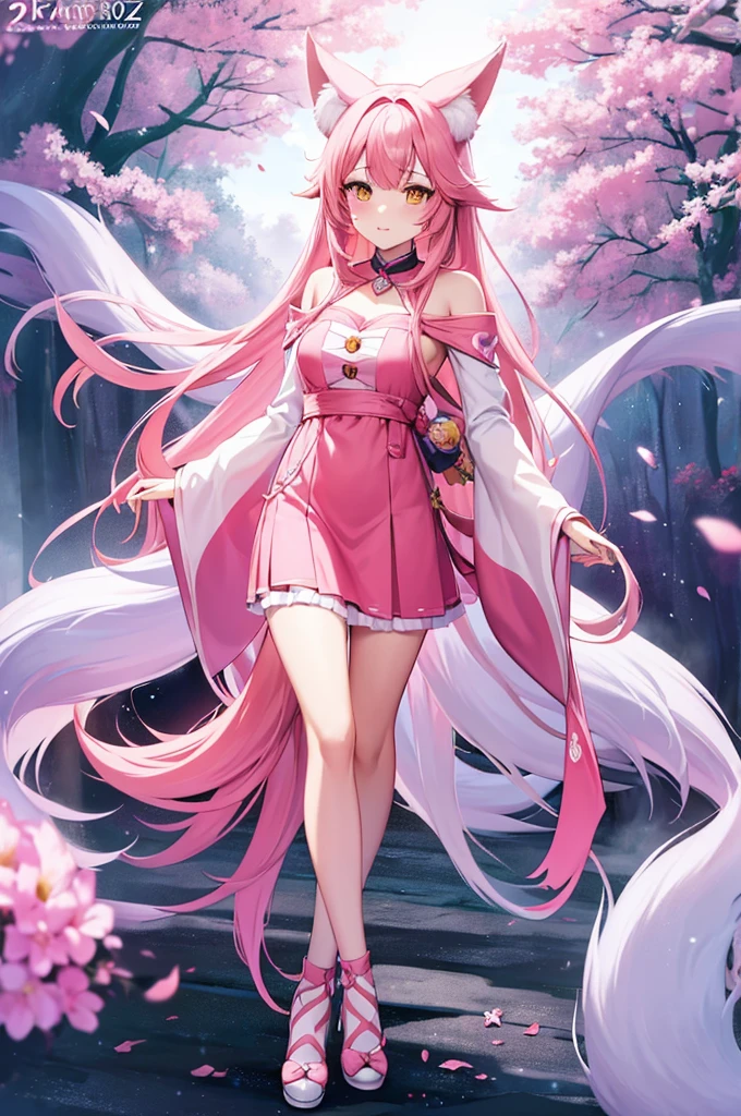 9 snow-white fox tails (1.0), Milky Fox Tail (1.0), Nine-Tailed Foxの狐のクローズアップ, Nine-Tailed Fox, Nine-Tailed Fox, With pink hair、Anime girl in a pink dress with flowers in her hair, very Beautiful anime fox girl, Beautiful anime fox girl, Beautiful fantasy anime, Gwaiz, Anime girl with fox ears, Beautiful Anime Girls, Very beautiful and cute fox girl, Pink flower rain, Background Blur, Anime Style 4k, Anime fantasy artwork, 4k anime wallpaper, Gubes-inspired artwork