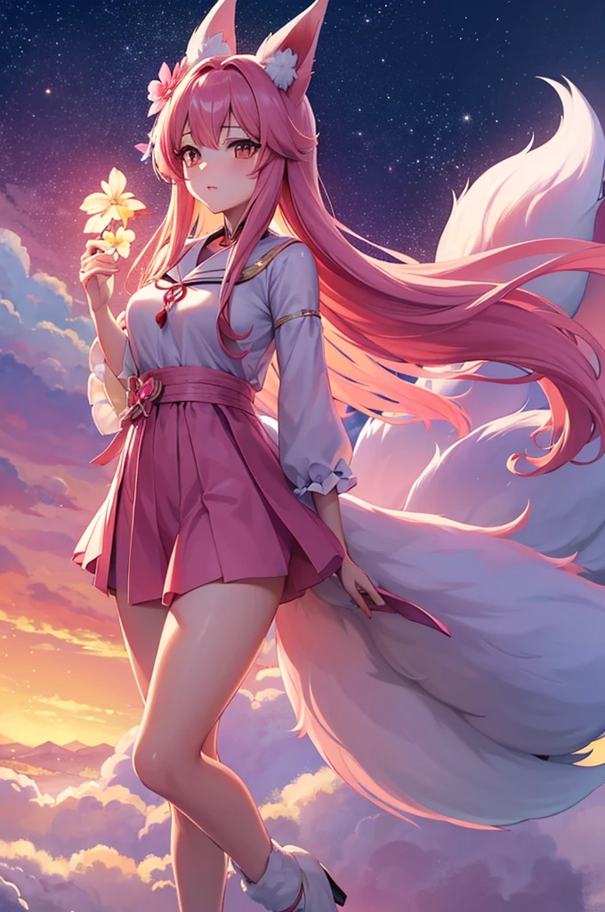 9 snow-white fox tails (1.0), Milky Fox Tail (1.0), Nine-Tailed Foxの狐のクローズアップ, Nine-Tailed Fox, Nine-Tailed Fox, With pink hair、Anime girl in a pink dress with flowers in her hair, very Beautiful anime fox girl, Beautiful anime fox girl, Beautiful fantasy anime, Gwaiz, Anime girl with fox ears, Beautiful Anime Girls, Very beautiful and cute fox girl, Pink flower rain, Background Blur, Anime Style 4k, Anime fantasy artwork, 4k anime wallpaper, Gubes-inspired artwork