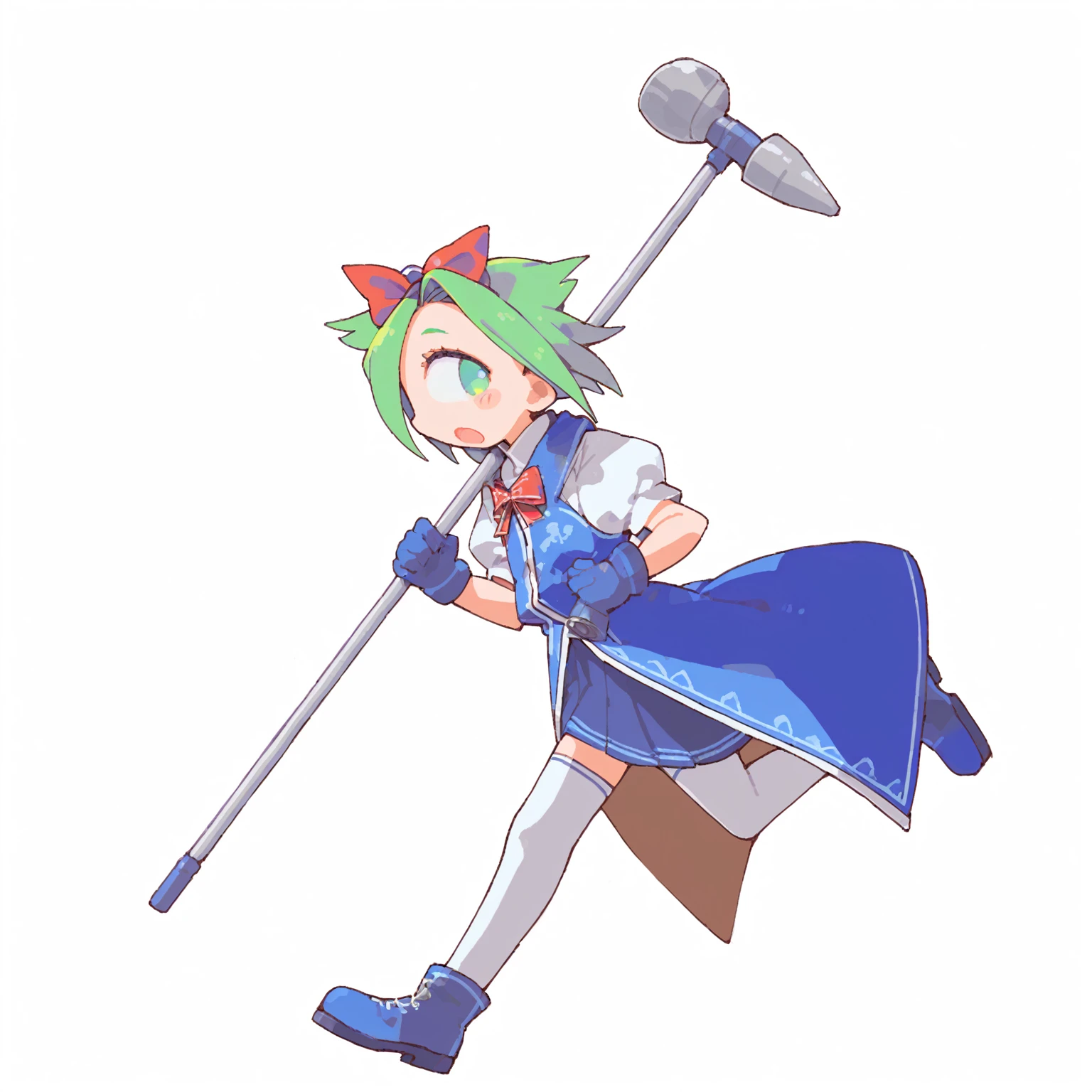 Giant Girl、Monocular、Green Hair、Red ribbon、Blue sleeveless coat、White Shirt、Blue no pleats skirt、White knee socks、Blue short boots、Pole Hammer、tegaki