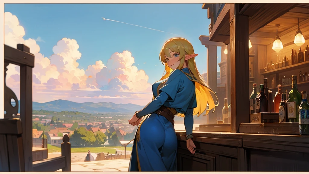 Anime Style,Nostalgic,Detailed background,The medieval world,A lively bar with lots of people,Beautiful sky,A beautiful bard elf girl looking back at me,Protruding buttocks