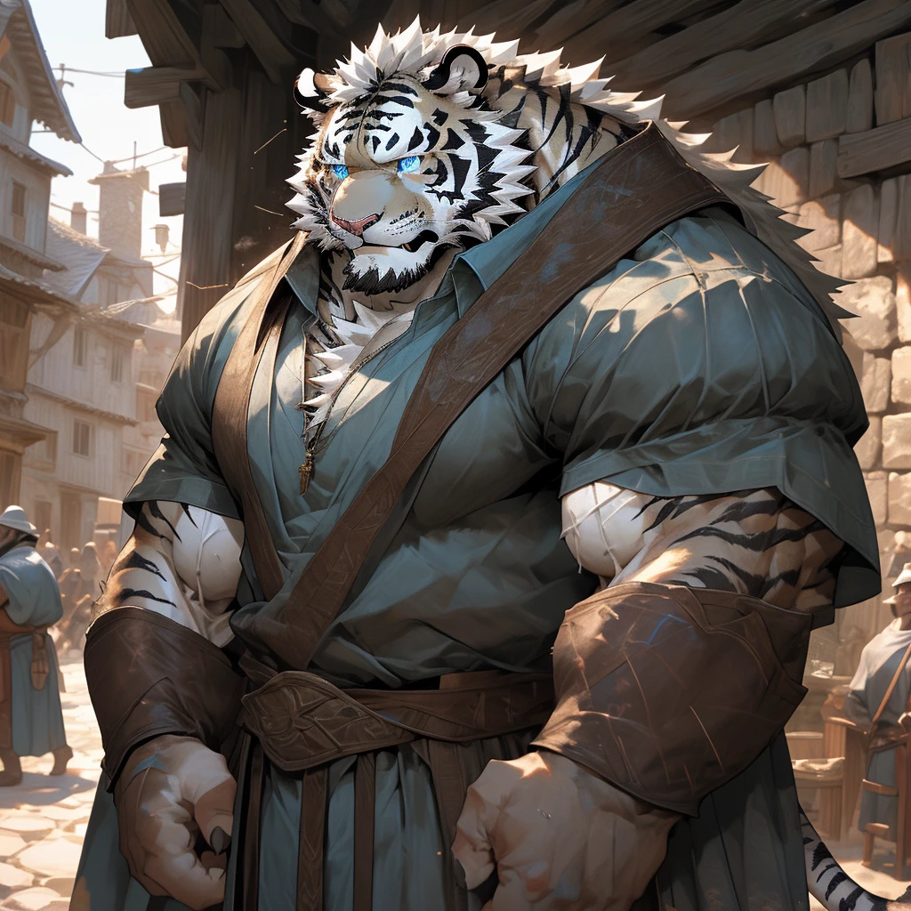 Sweating muscular man in a medieval village,Dress plain white,With furry anthropomorphic chest hair,Serious face(scars in the face) Mature (blue eyes)Big muscles,Ripped abdominal muscles,Wild General,Ambitious,Consider,Uncle vicissitudes,White Tiger