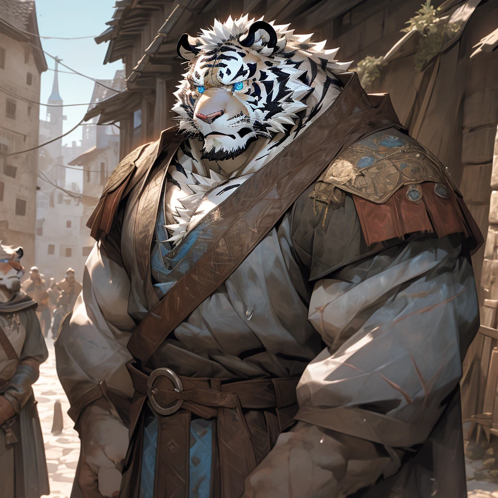 Sweating muscular man in a medieval village，Dress plain white，With furry anthropomorphic chest hair，Serious face（scars in the face） Mature （blue eyes）Big muscles，Ripped abdominal muscles，Wild General，Ambitious，Consider，Uncle vicissitudes，White Tiger