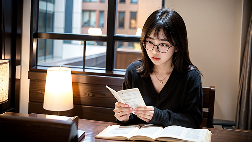 1girl, Studying .night、Glasses
