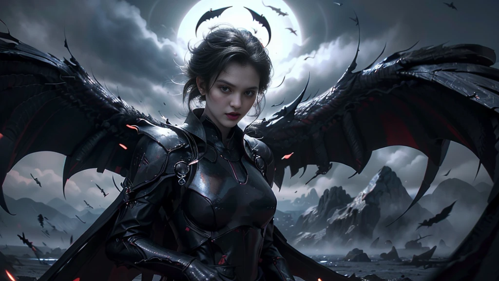 full body image, The lost god, Angel Wings and Demon Lord Wings, battle in the sky, (Realistic picture, highest resolution, 16K), (A demon god with wide wings and enormous power on his shoulders..., Twelve wings on the shoulders., black bat wings:1.3 white angel wings:1.5), long hair, Thick hair, Two meters long, floor length, (สาวสวยlong hairสองเมตร, shiny black hair, Smooth white skin, very red lips), ((stand, already)), (หน้าอกbig, หัวbig tits), (gigantic breast, small waist, hips raised, small thighs, Long legs), (dynamic poses), Separate theme, (Angel wings and devil wings), floating in the air above the ground, background darkness, Embraced with twelve wings, ปีกSeparate themeชัดเจน, Angel wings and devil wings, white and black wings, ทรงสวมมงกุฏขนาดbig, The busiest breasts, big , Porn, just, exposed body, tight, All smooth., see the whole body, full body image,