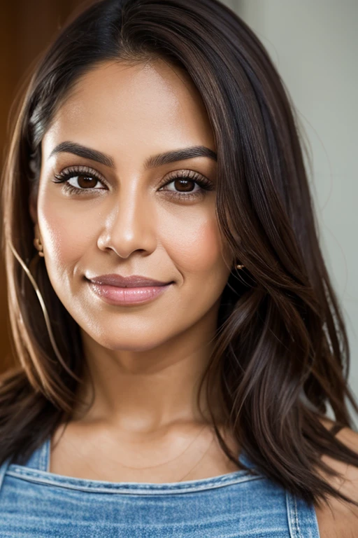 A portrait of a 32 year old Latina woman. She has oval and oblong face shape, angular jaw, longer face length, dark brown hair, brown eyes, dimples in her cheek, detailed face. Creating a portrait of her with a Sony α7 III camera, capturing their features and expressions with precision.