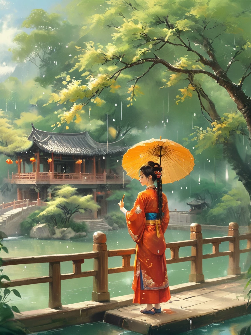 (Best quality，8K，high resolution，masterpiece:1.2)，Ultra Detail，(Girl holding an oil-paper umbrella:1.3)，Girls Focus，Close shot，Stand on a small bridge，Running Water，Ancient Town，Jiangnan Scenery，antique，Spring rain，light rain，beauty，beauty细致的眼睛，beauty细致的嘴唇，Extremely detailed eyes and face，Long eyelashes，Chinese traditional clothing，Chinese Architecture，illustration，The image is bright，rich and colorful，Fine details